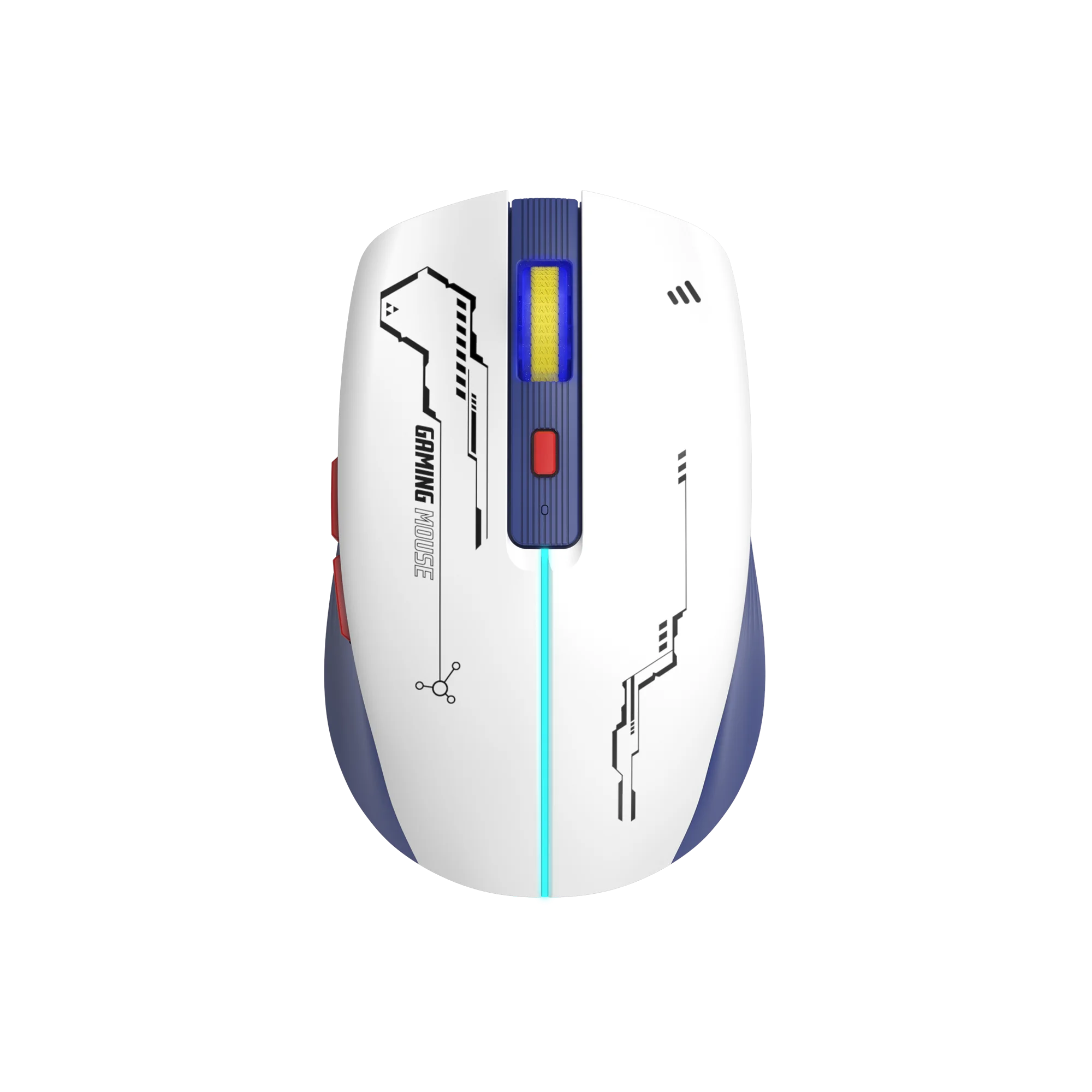 Wireless gaming mouse featuring a sleek white design with blue accents, customizable buttons, and a high-precision sensor suitable for gamers.