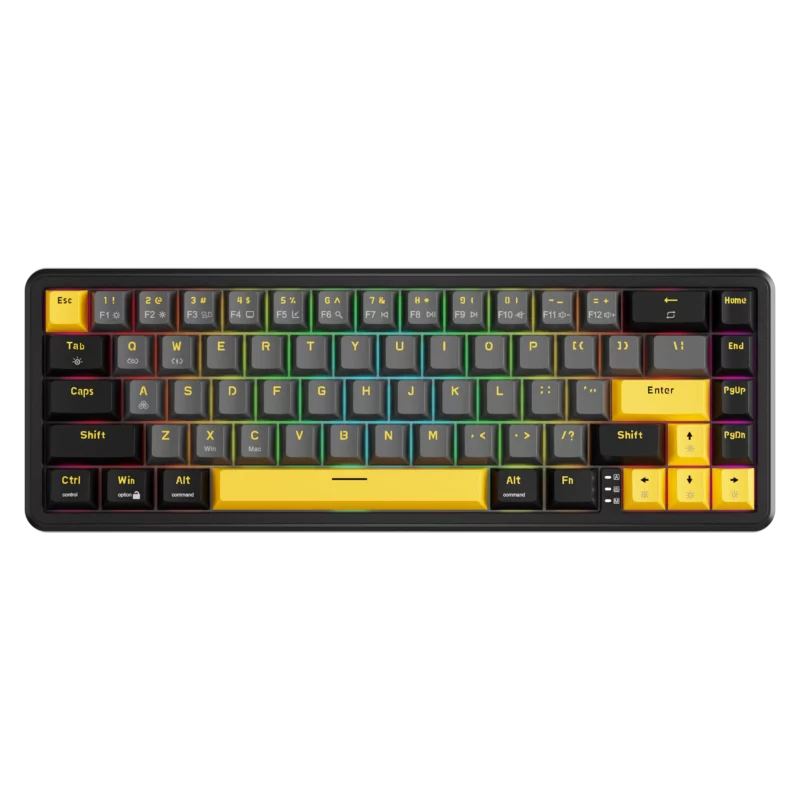 Mechanical keyboard with vibrant backlit keys in a black and yellow color scheme, featuring a compact layout with function keys, arrow keys, and customizable lighting effects for an enhanced typing experience.