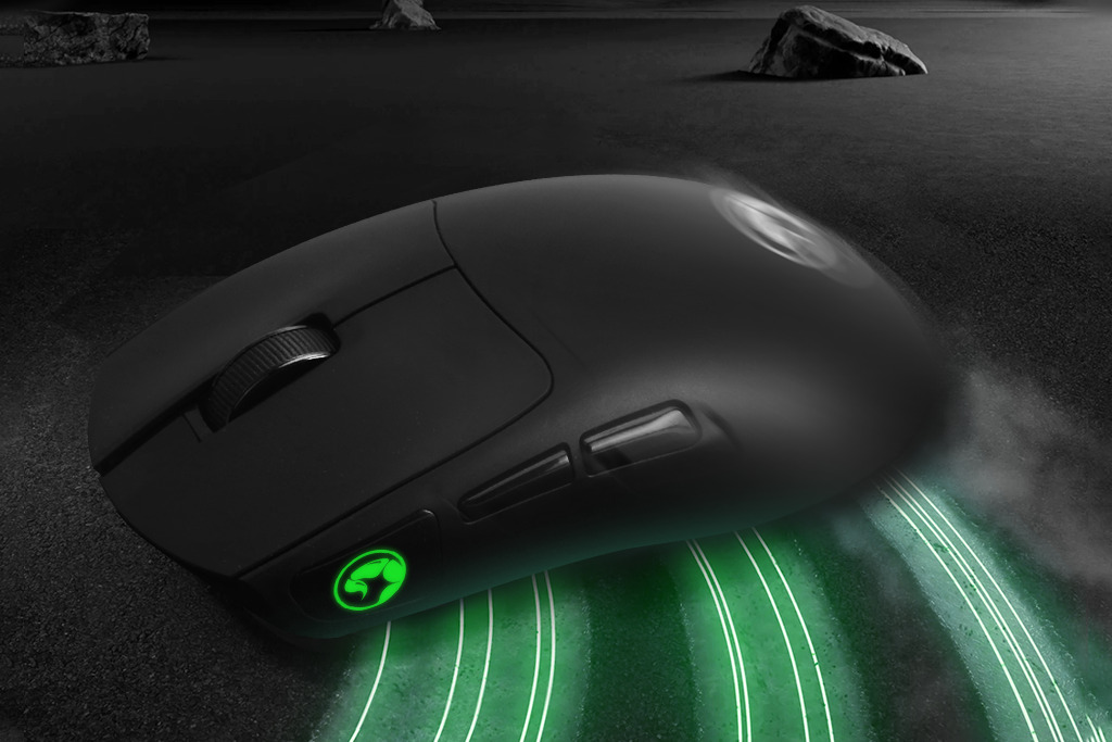 High-performance gaming mouse with a sleek black design and customizable green lighting, showcasing ergonomic features and a textured scroll wheel. Ideal for gamers seeking precision and speed.