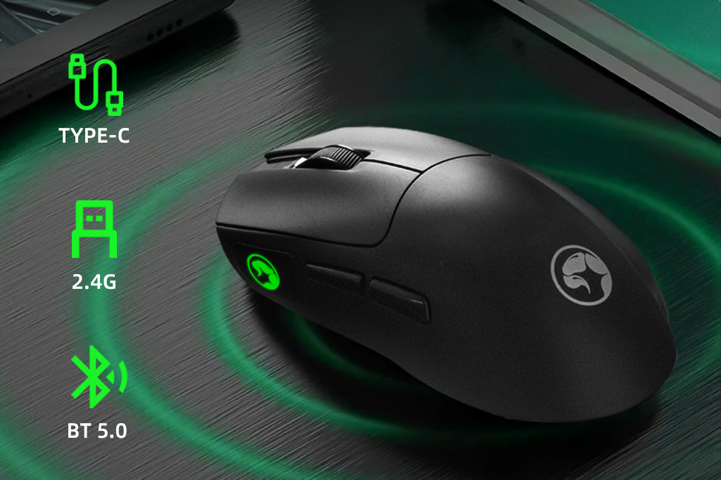Wireless gaming mouse featuring Type-C connectivity, 2.4G wireless frequency, and Bluetooth 5.0 compatibility for seamless connectivity and enhanced performance.