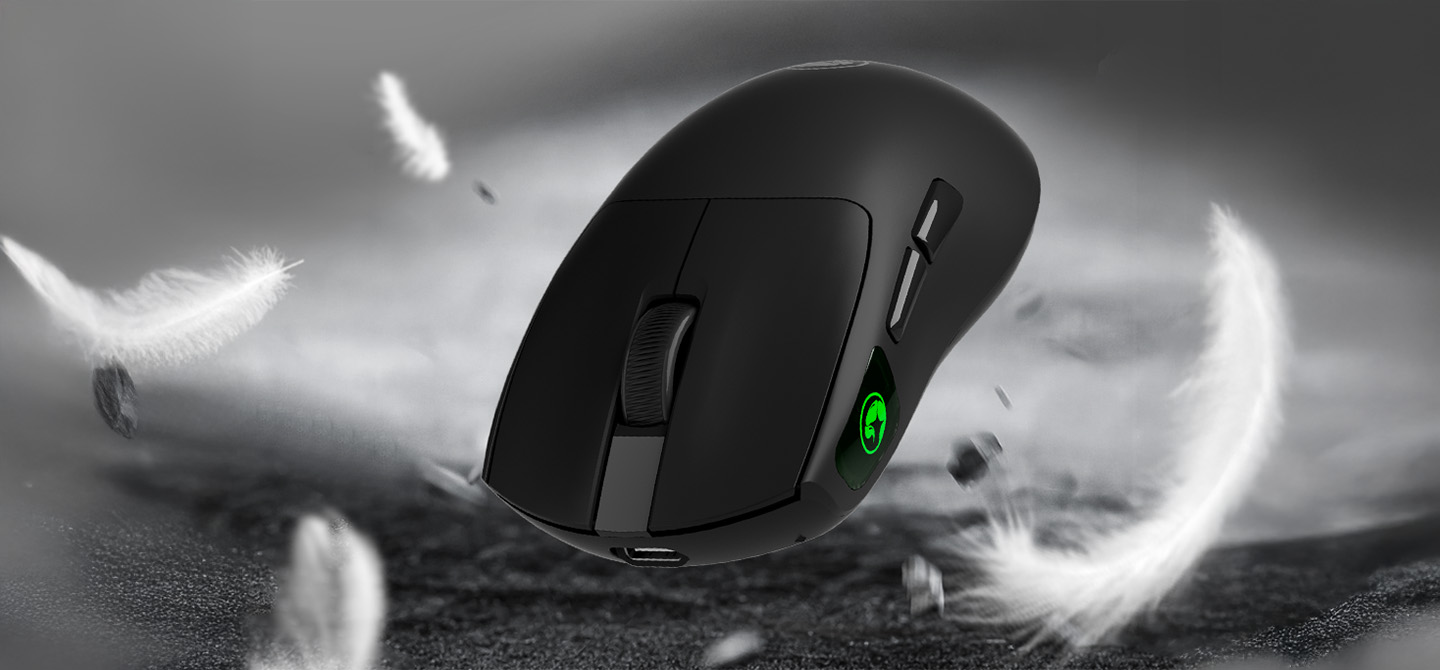 Wireless gaming mouse in sleek black design, featuring customizable buttons and RGB lighting, with floating feathers in a dynamic background.