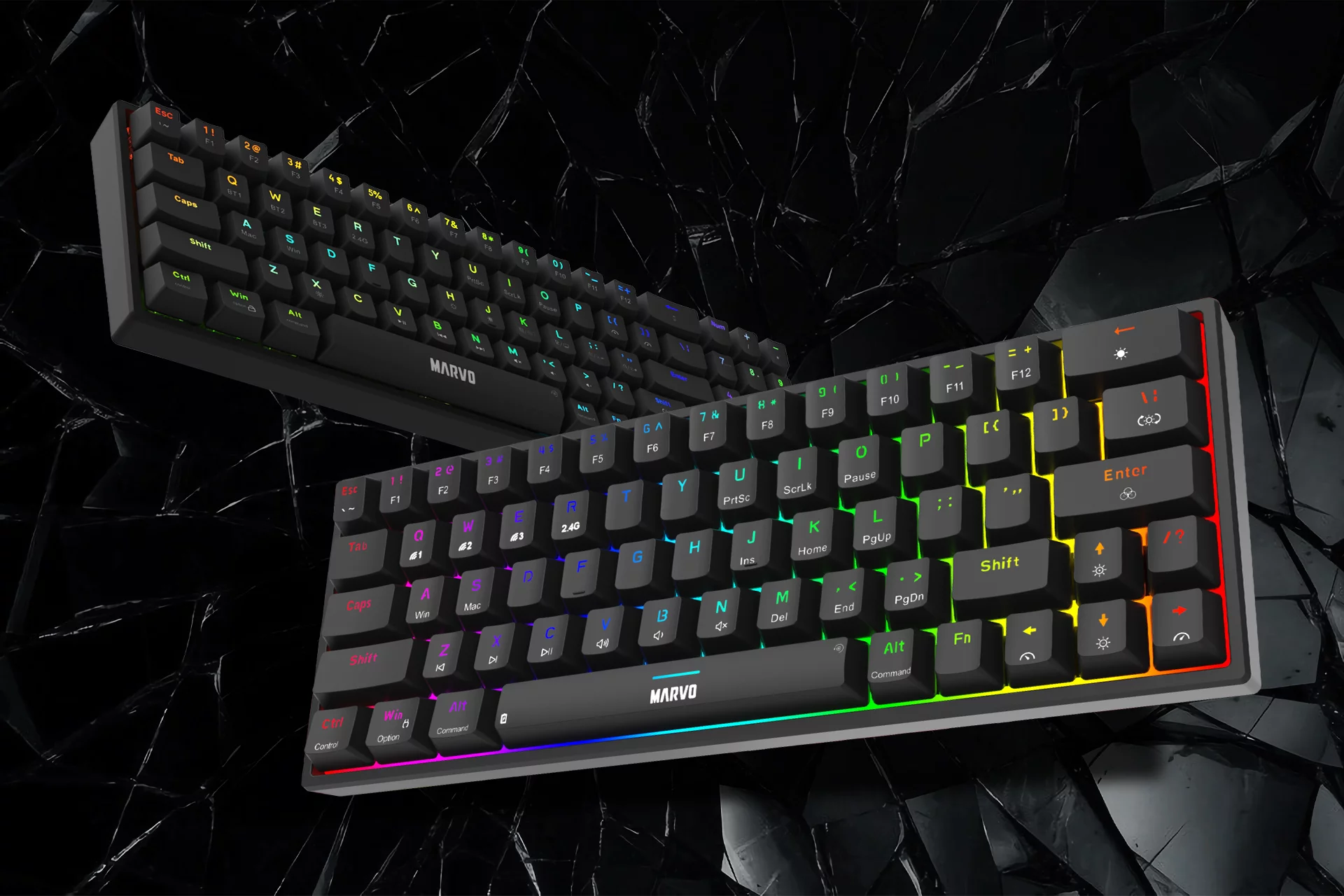 High-quality gaming keyboards featuring customizable RGB backlighting and sleek design. Showcases the Marvo logo on the keyframes, set against a textured black background. Ideal for gamers seeking performance and aesthetics.