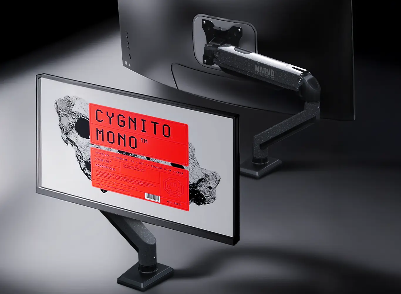 Monitor arm showing compatibility with VESA standards and various screen sizes