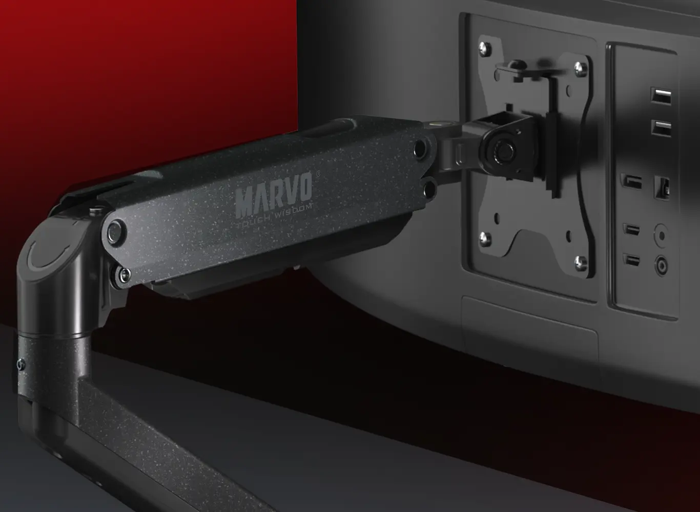 Durable monitor arm construction made of steel, aluminium, and plastic