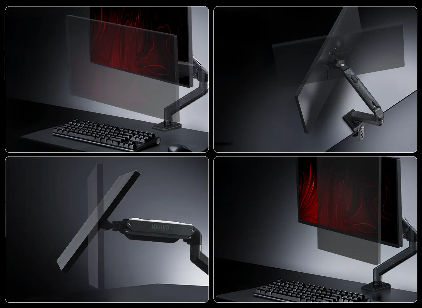 Adjustable monitor arm demonstrating full range of motion and tilt
