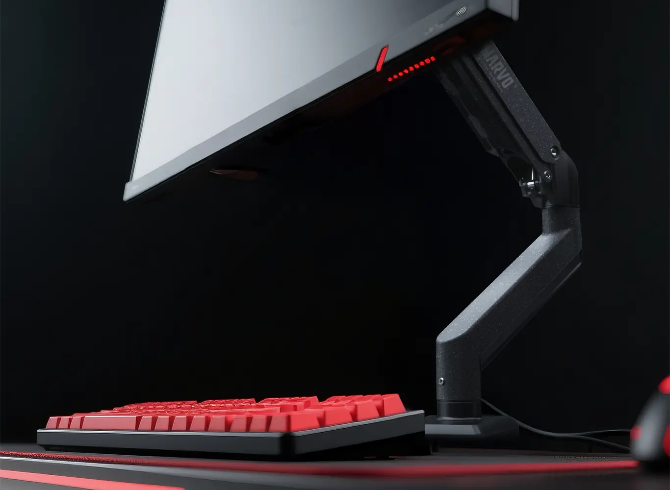 Monitor arm with 530 mm extension and integrated cable management system